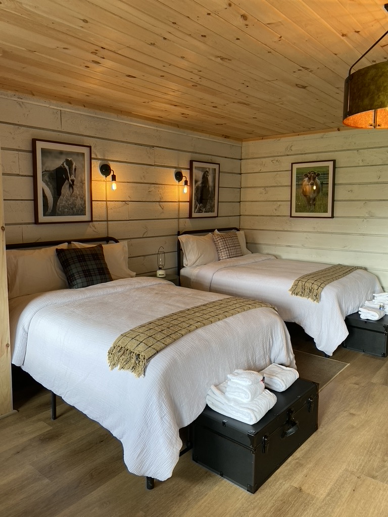 Cabin interior with double queen beds