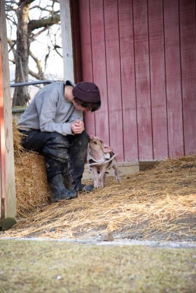 George with caregiver at Farm Sanctuary