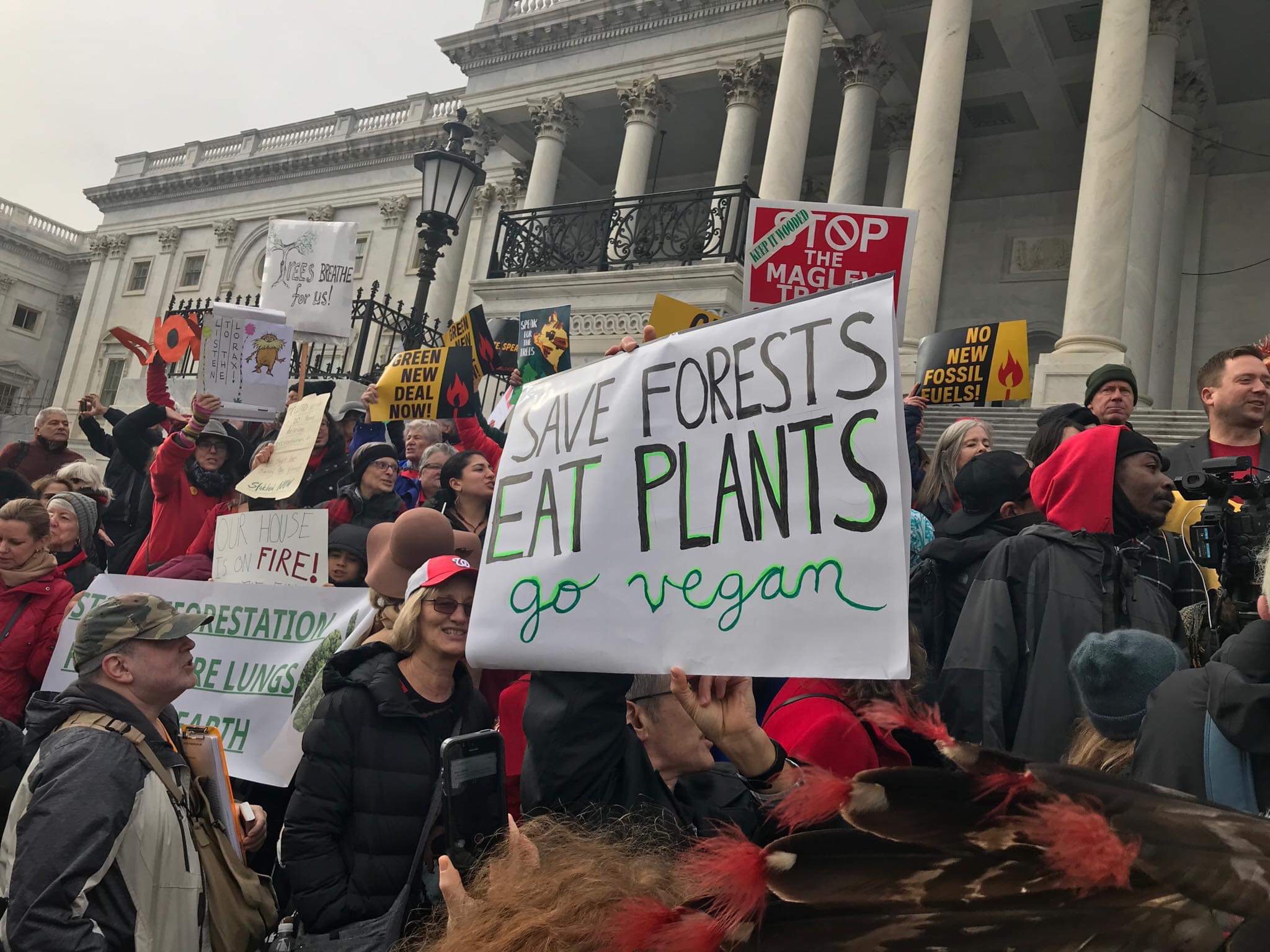 Protesters with Save Forests Eat Plants Sign