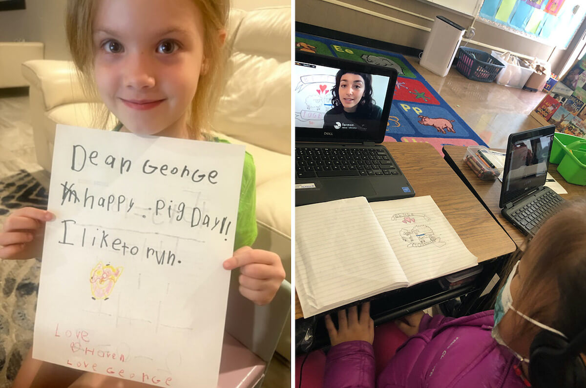 Side by side of girl with drawing and girl watching webinar