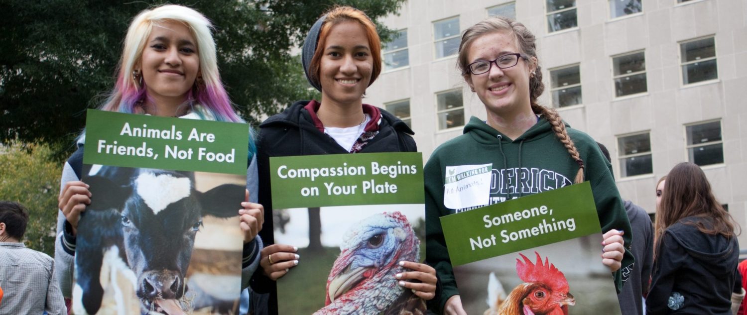Three activists with signs at Farm Sanctuary's Walk for Farm Animals