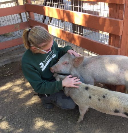 Caregiver Brooke with Junip and Von D as piglets