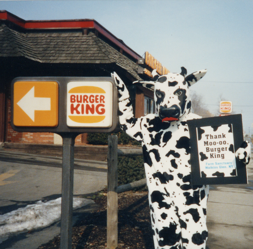 Person stands outside of the Watkins Glen, NY Burger King with a sign that reads "Thank Moo-oo, Burger King"