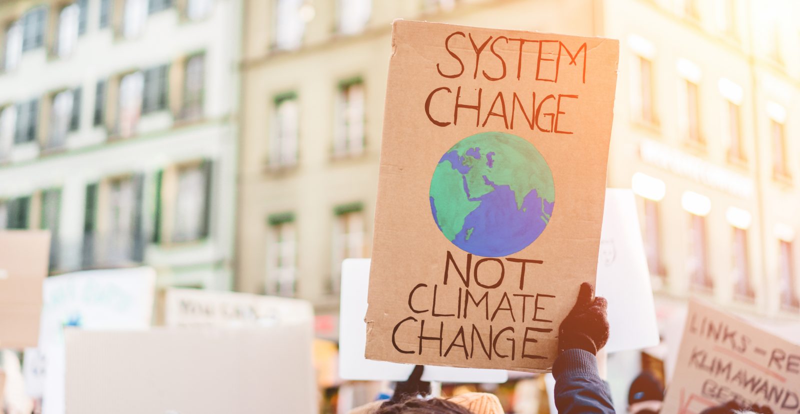 A protestor holds a sign saying "System Change Not Climate Change"