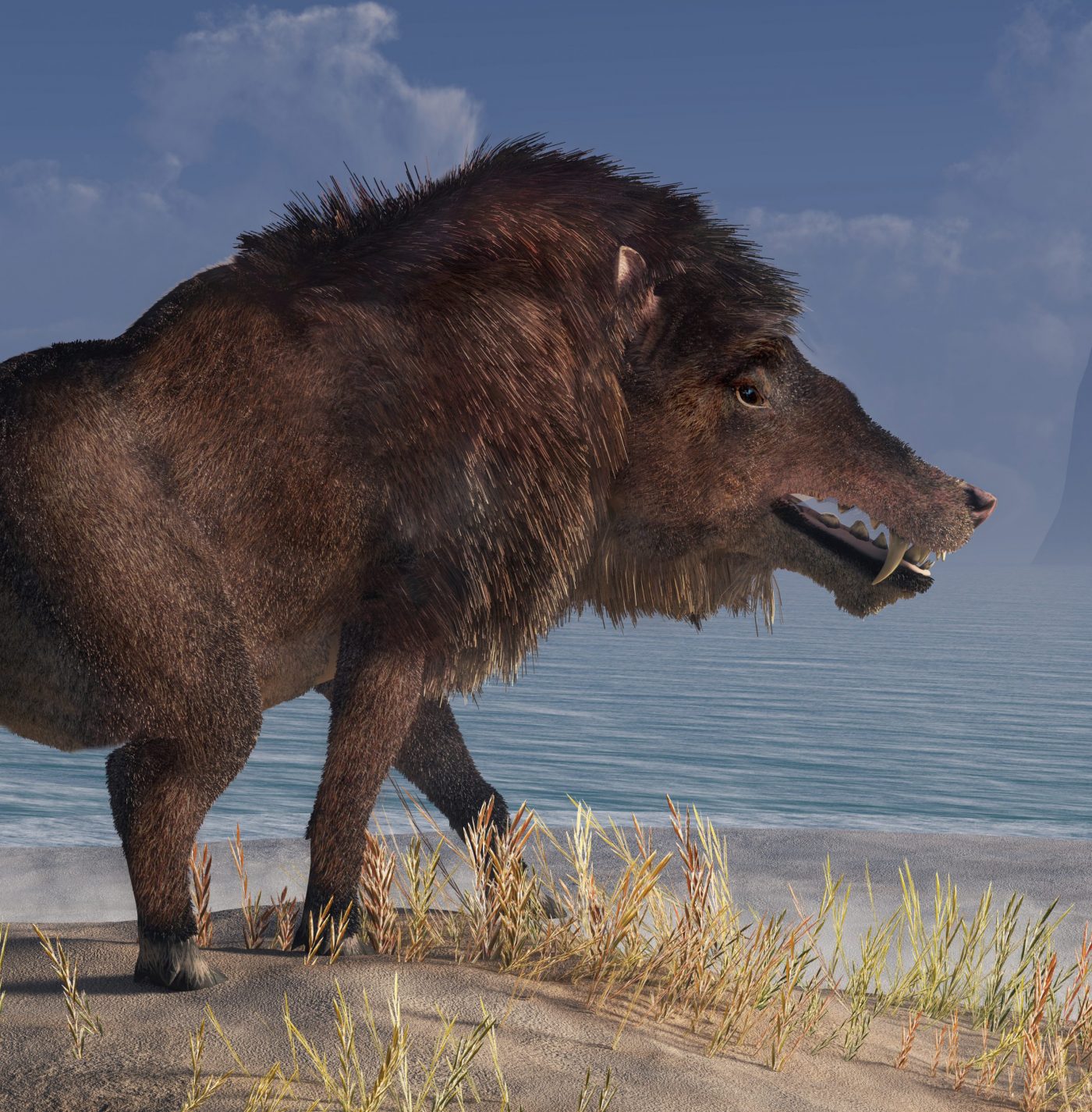 Andrewsarchus, an extinct creature of the Eocene period, was possibly the largest carnivorous land mammal ever, known only from a single fossil skull found in Mongolia. 3D Rendering.