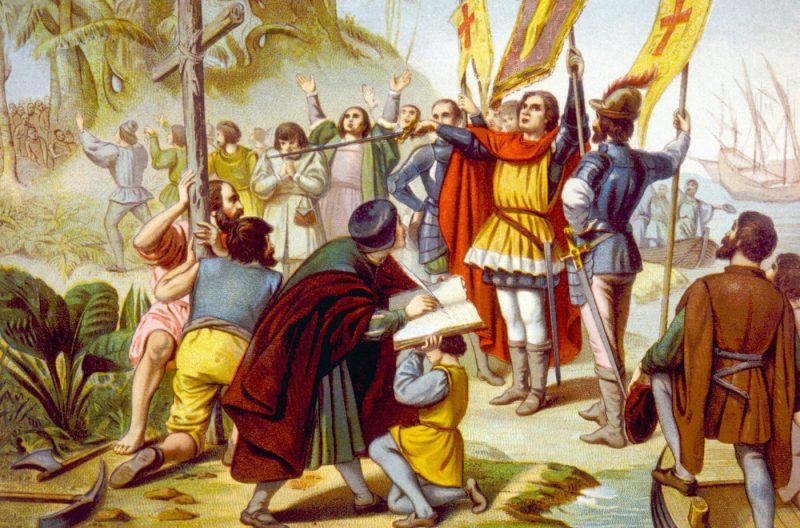 Christopher Columbus taking posession of the New World in San Salvador, chromolithograph 1492