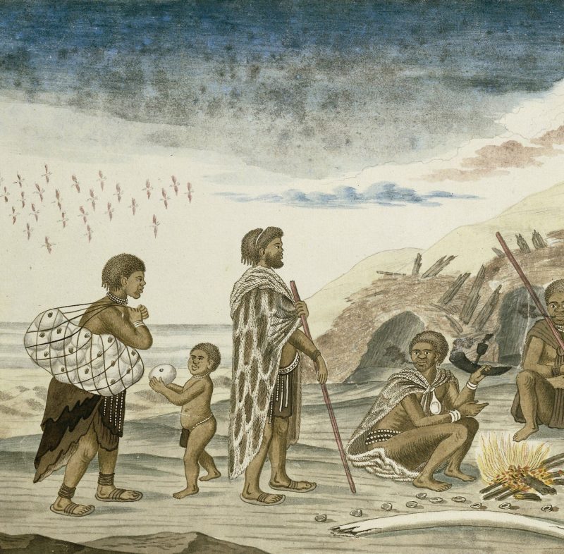 The San People and their Huts on the Beach, by Robert Jacob Gordon, 1777-86, Scottish drawing, watercolor, ink, on paper. Hunter gathers at a fire with bivalve shells scattered about