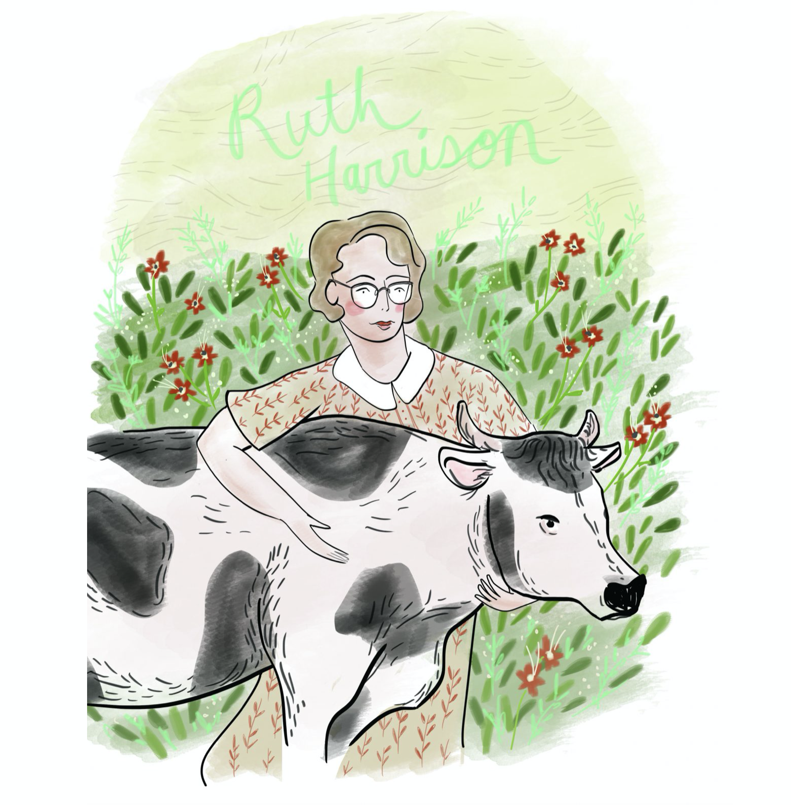 Illustration of Ruth Harrison and a cow