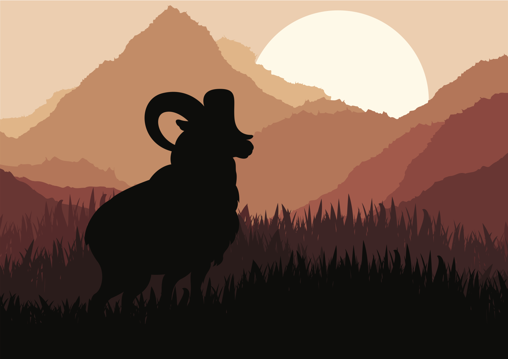 Mountain goat in wild nature landscape illustration